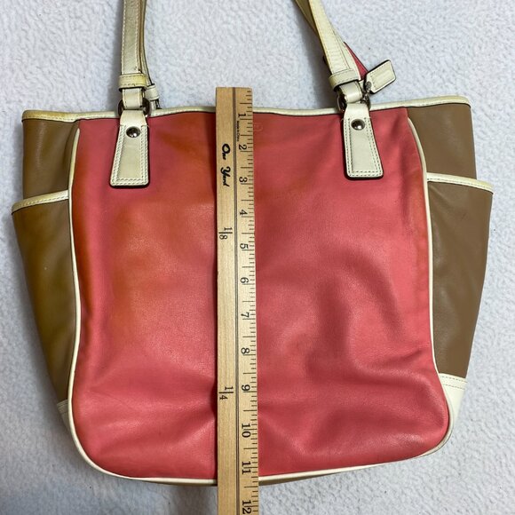Coach Park Color Block Tote Shoulder Bag Smooth Leather Coral Tan White F23683 - Picture 4 of 13